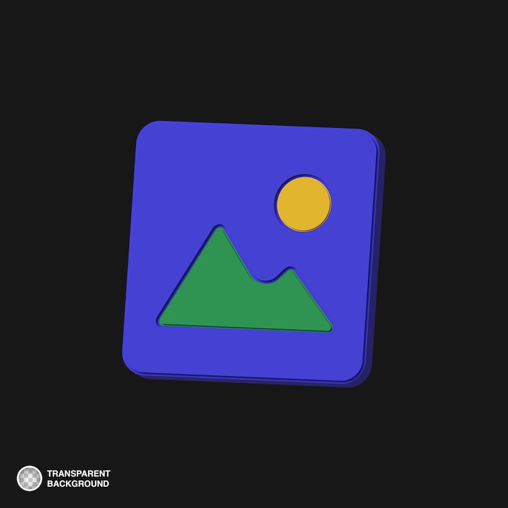 PSD renderizado en 3d de un cuadrado azul con montañas verdes e icono de sol amarillo