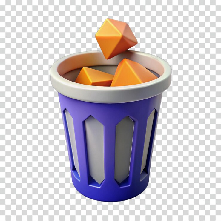 PSD renderizado en 3d de cubos de naranja cayendo en un cubo de basura púrpura