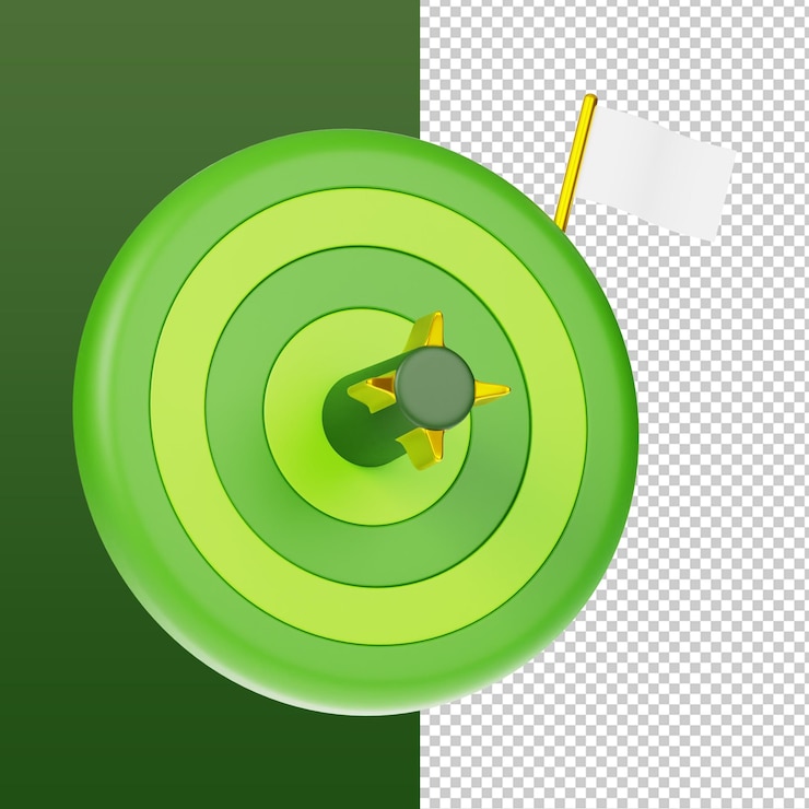 PSD renderizado en 3d de un dardo golpeando el ojo del toro con una bandera