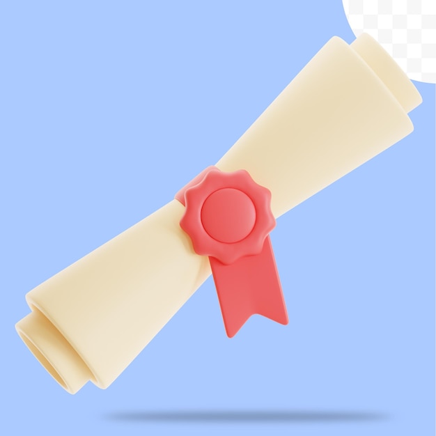 Renderizado en 3D de un diploma enrollado con sello y cinta