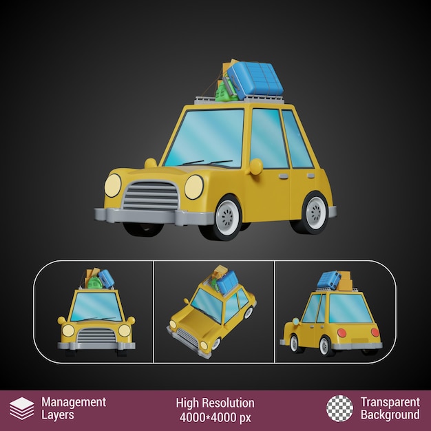 Renderizado en 3D del diseño de dibujos animados de automóviles de viaje único, lindo, colorido y transparente.