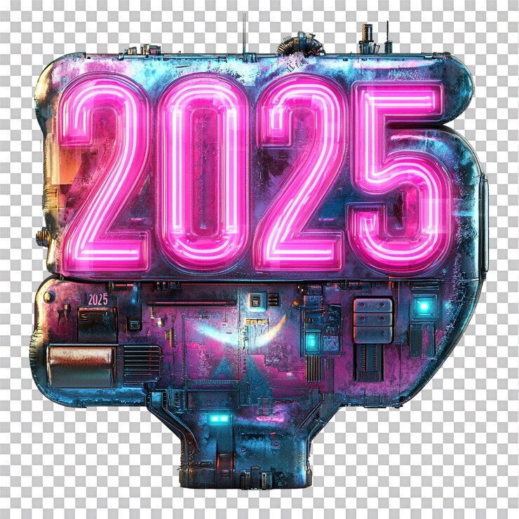 PSD renderizado 3d diseño de texto para el año nuevo 2025 logo mezclado con estilo de robot de estética moderna