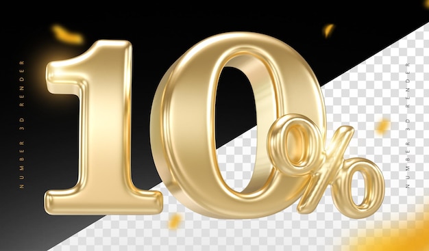 Renderizado en 3D dorado de 10 descuentos - Isolado en un fondo transparente