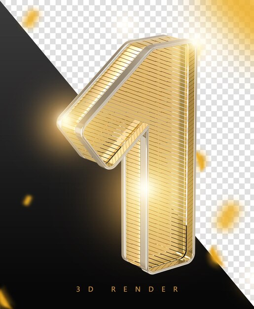 Renderizado 3D dorado número uno - Isolado en fondo transparente