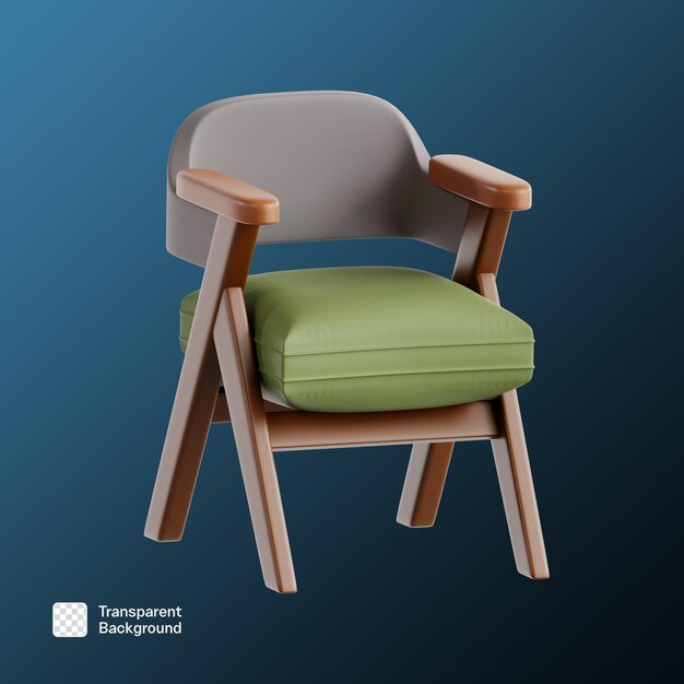 Renderizado en 3D de un elegante sillón de madera con cojín verde