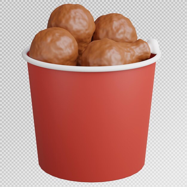 Renderizado en 3D de un elemento de comida rápida con pollo frito en el cubo