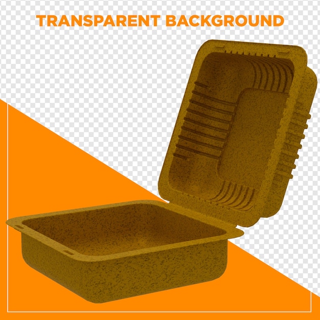 Renderizado en 3D de un envase abierto de alimentos biodegradables con fondo transparente