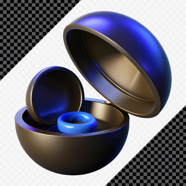 Renderizado en 3D de una esfera metálica con un anillo azul en el interior