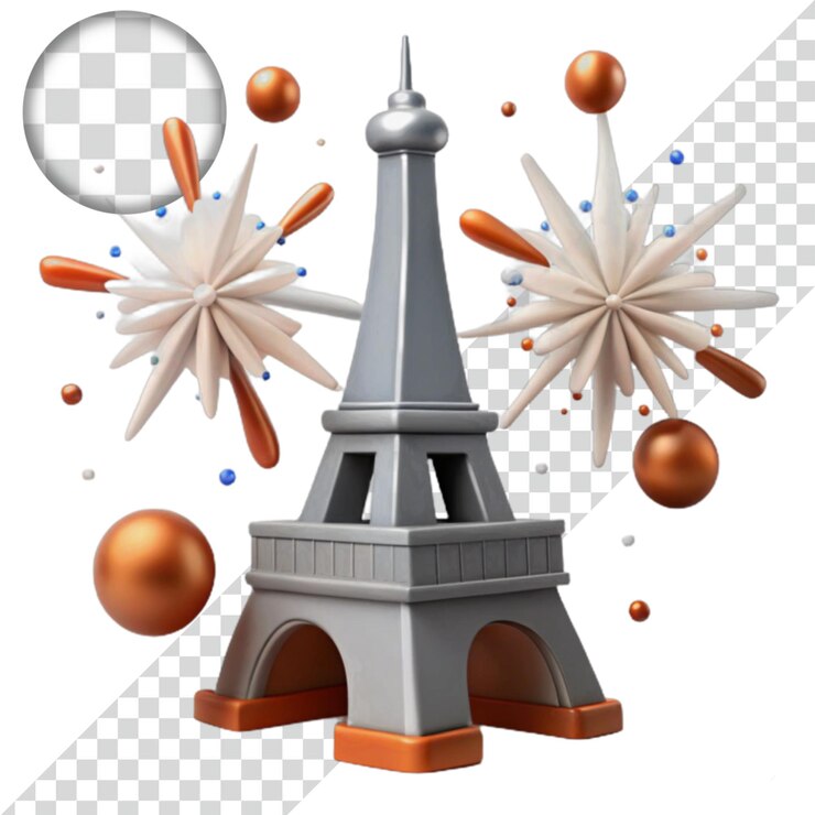 PSD renderizado en 3d de una famosa torre con explosiones naranjas y blancas
