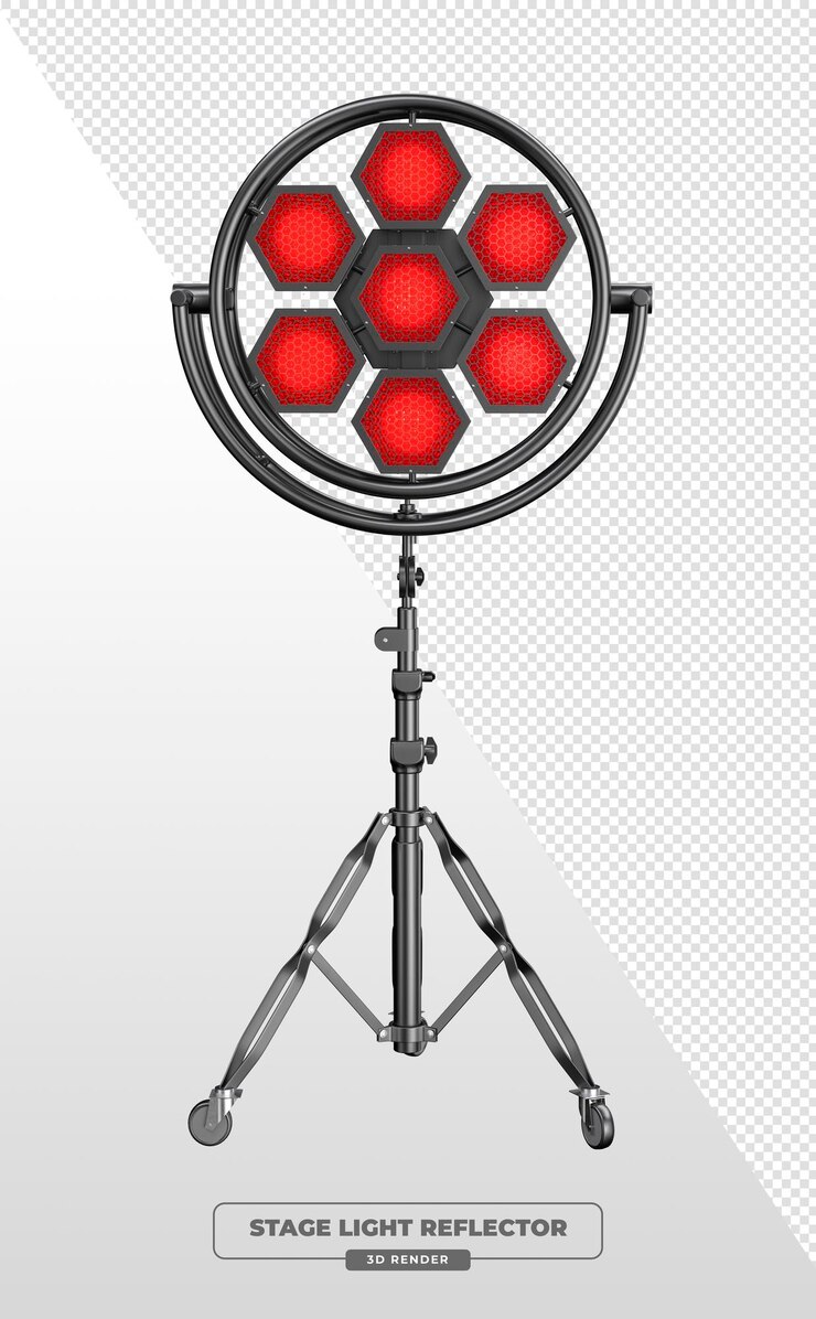 PSD renderizado en 3d del foco de escenario led rojo hexagonal en el soporte del trípode