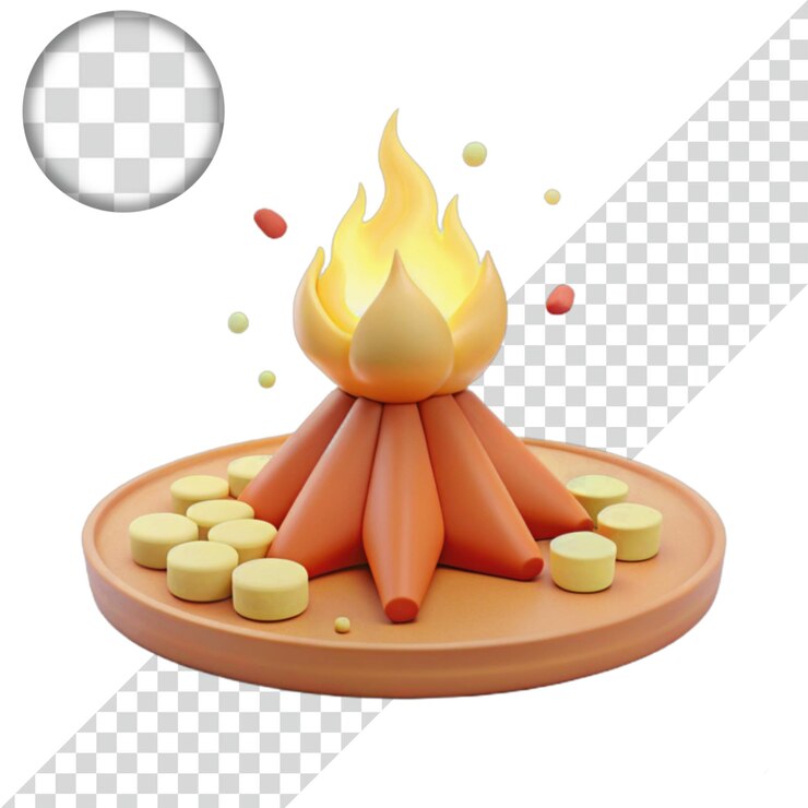 PSD renderizado en 3d de una fogata con troncos en una bandeja