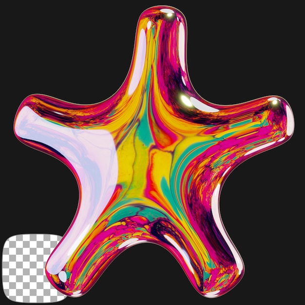 Renderizado en 3D de la forma de estrella abstracta de Y2K en un fondo transparente