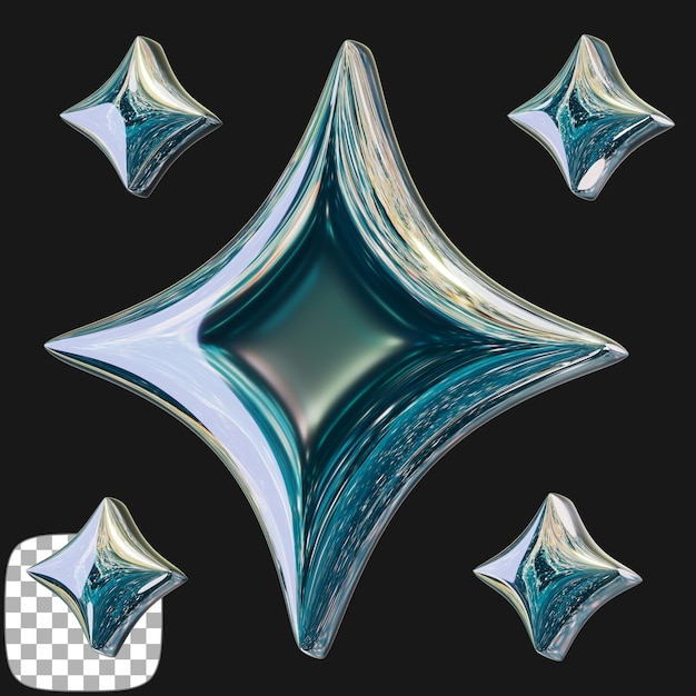 Renderizado en 3D de la forma de estrella abstracta de Y2K en un fondo transparente
