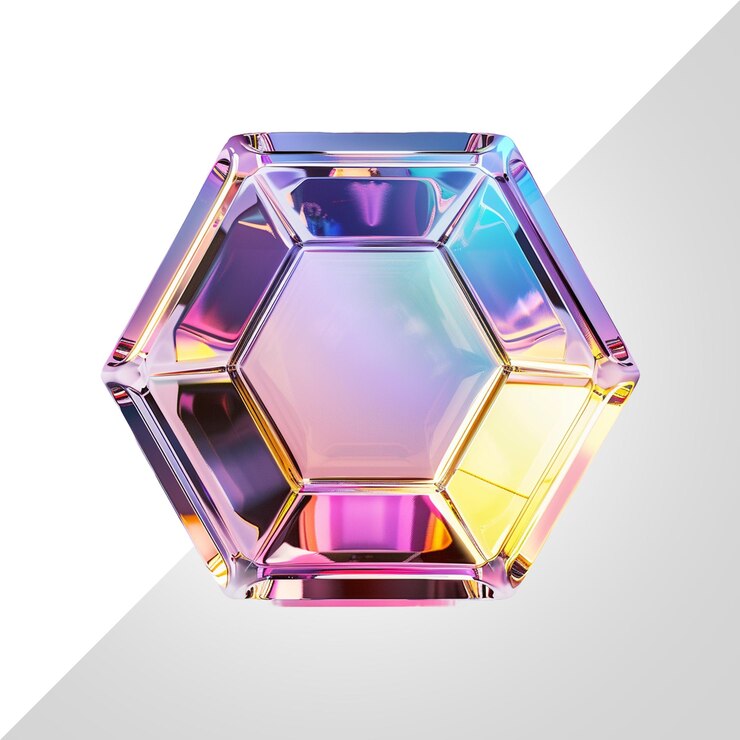 PSD renderizado en 3d en forma de hexágono de vidrio con gradientes de colores aislados en un fondo transparente
