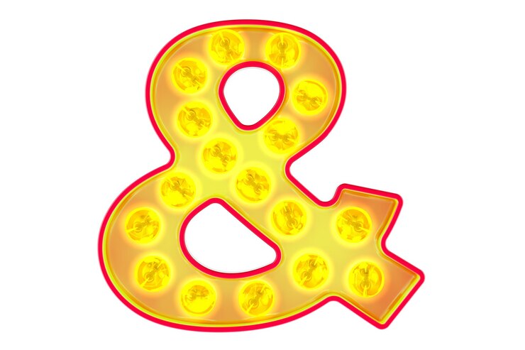 PSD renderizado 3d de fuente retro brillante con símbolo de ampersand de la bombilla aislado en un fondo transparente