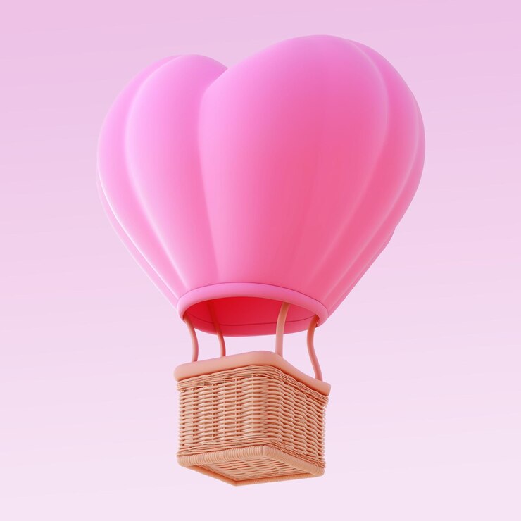Renderizado en 3D de un globo aislado en forma de corazón y una canasta de mimbre