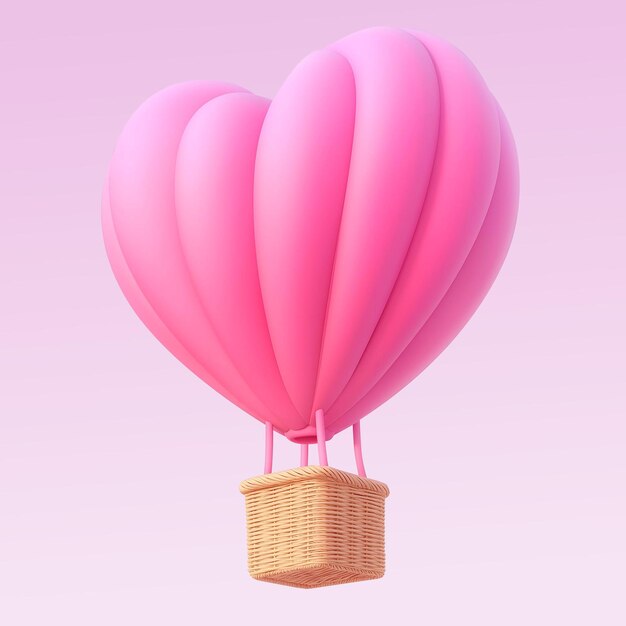 Renderizado en 3D de un globo aislado en forma de corazón y una canasta de mimbre