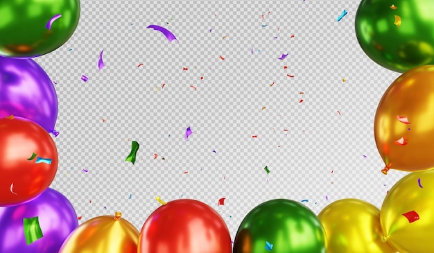Renderizado en 3D de globos flotando con confeti y concepto del mes del orgullo