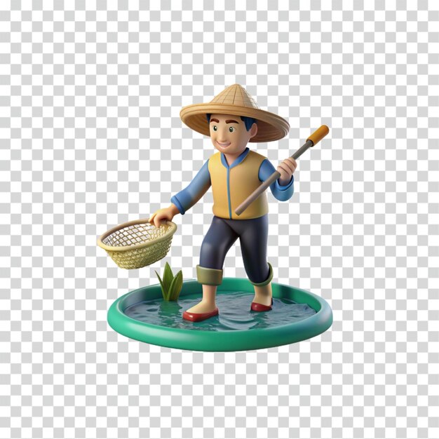 Renderizado en 3D de un granjero pescando en un arrozal