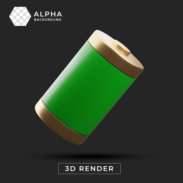 Renderizado en 3D de un icono de batería verde y dorado con fondo alfa
