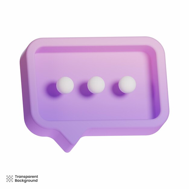 Renderizado en 3D de un icono de burbuja de chat púrpura con tres puntos blancos