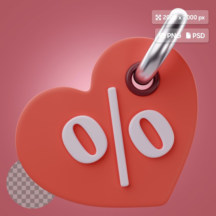 PSD renderizado en 3d del icono de descuento del corazón de san valentín