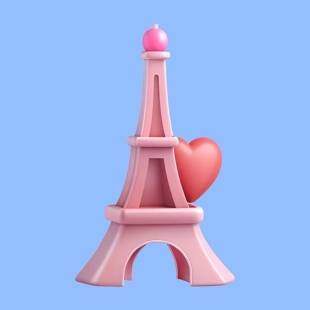 Renderizado en 3D del icono de la Torre Eiffel del día de San Valentín