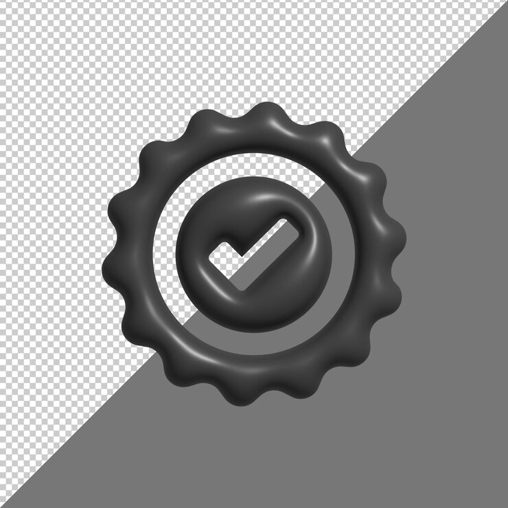 PSD renderizado en 3d de una insignia aprobada de color gris oscuro con marca de comprobación