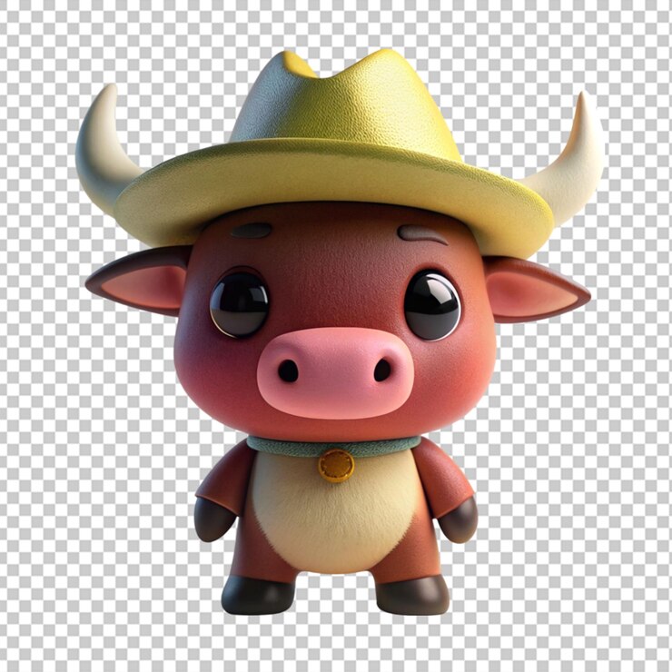 PSD renderizado en 3d de un lindo buey de dibujos animados con un sombrero de vaquero