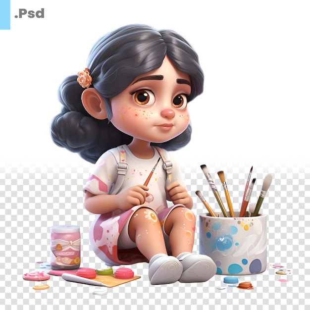 PSD renderizado 3d de little artist girl con pinceles y pinturas plantilla psd