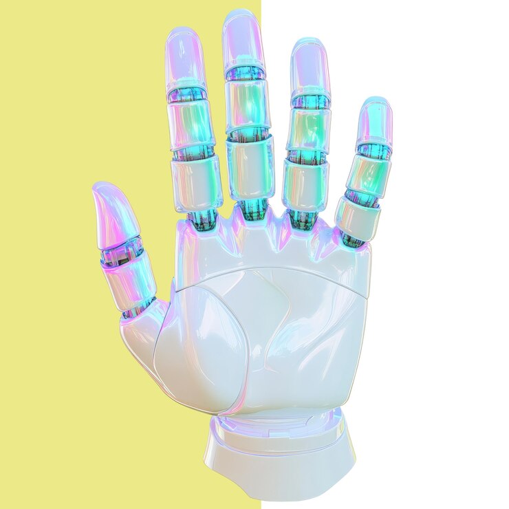 PSD renderizado en 3d de una mano robot blanca con una luz azul en el dedo aislada contra un fondo de estudio de fondo alfa transparente png