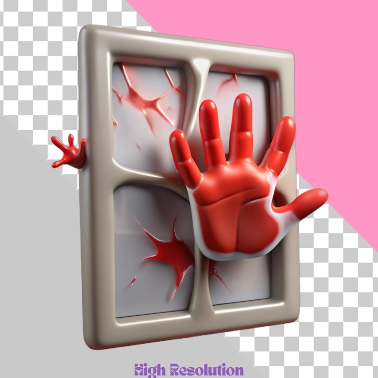 PSD renderizado en 3d de una mano roja alcanzando a través de una ventana rota