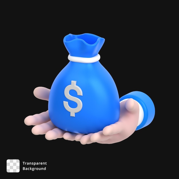 Renderizado en 3D de una mano sosteniendo una bolsa de dinero