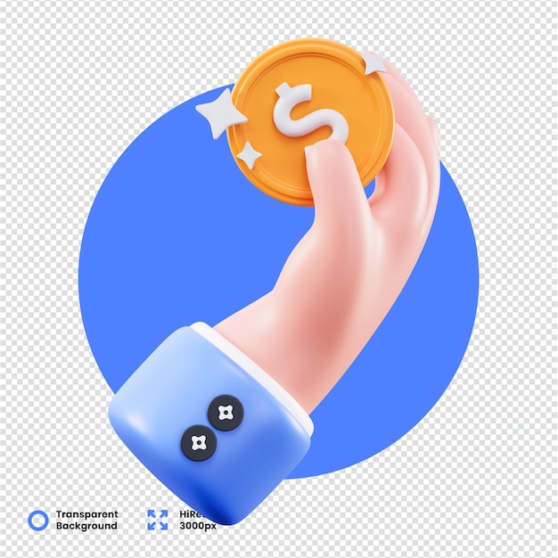 Renderizado en 3D de la mano sosteniendo una moneda de oro con el signo del dólar