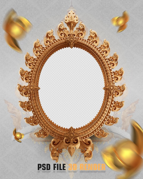 Renderizado en 3D del marco ovalado dorado adornado