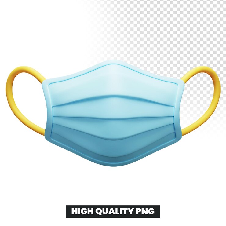 PSD renderizado en 3d de una máscara facial médica azul con bucles amarillos para las orejas