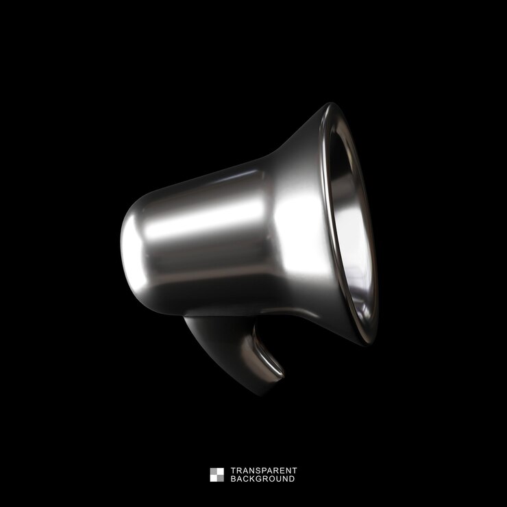 PSD renderizado en 3d de un megáfono plateado brillante sobre un fondo negro