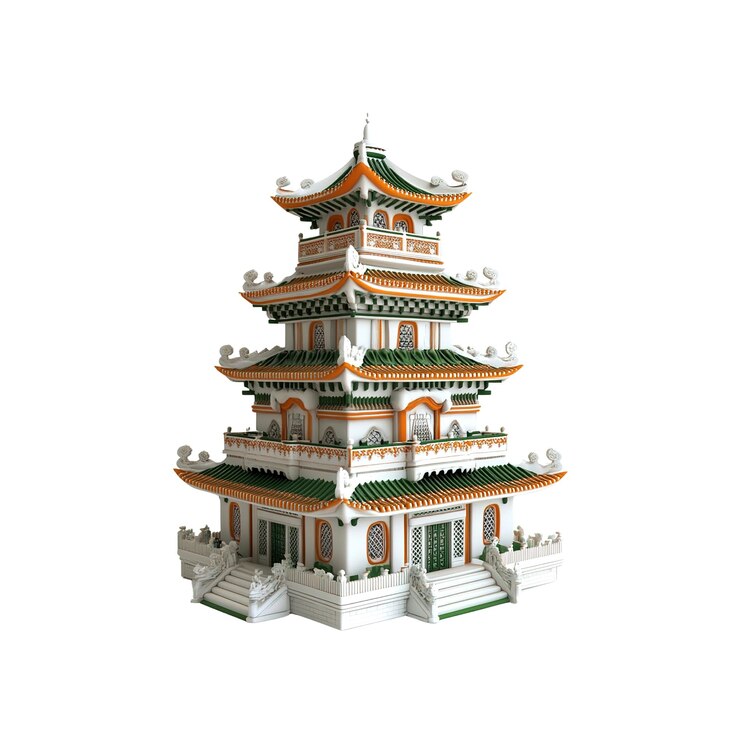 PSD renderizado en 3d de un modelo arquitectónico tradicional de la pagoda de asia oriental blanco verde naranja