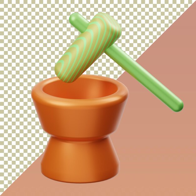 Renderizado en 3D de un mortero y una pestilla de madera sobre un fondo aislado y transparente