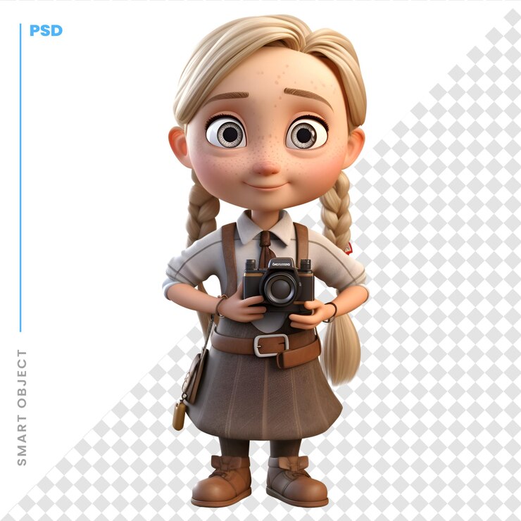 PSD renderizado en 3d de una niña de dibujos animados con una cámara vintage sobre un fondo blanco
