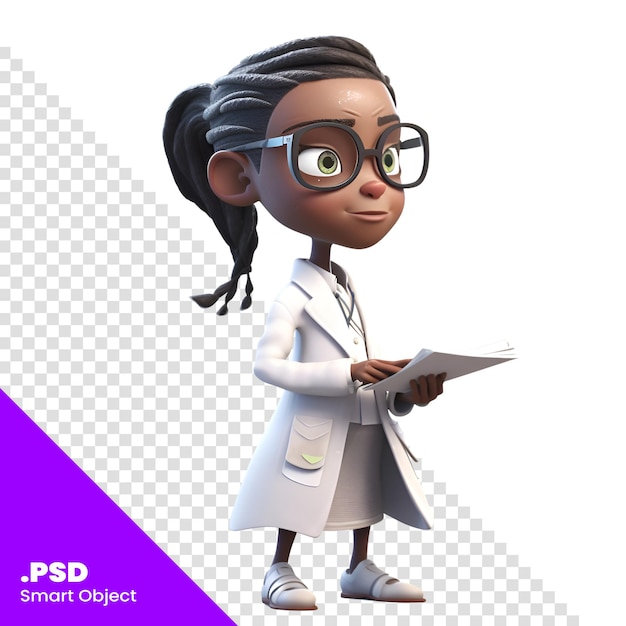 Renderizado en 3d de una niña con gafas y una plantilla psd de abrigo blanco