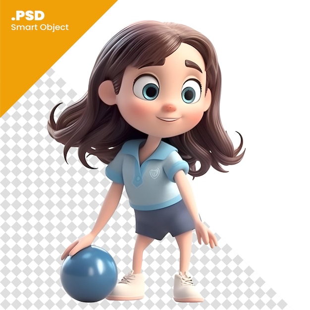 PSD renderizado en 3d de una niña linda con una plantilla de psd de bola de bolos