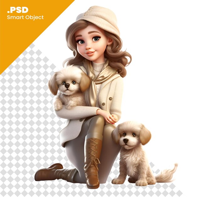 PSD renderizado en 3d de una niña linda con sus cachorros aislados en un fondo blanco plantilla psd