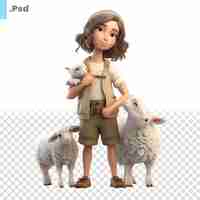 PSD renderizado en 3d de una niña con ovejas aisladas en una plantilla psd blanca
