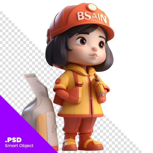 PSD renderizado en 3d de una niña en uniforme de bombero con plantilla psd de gasolina