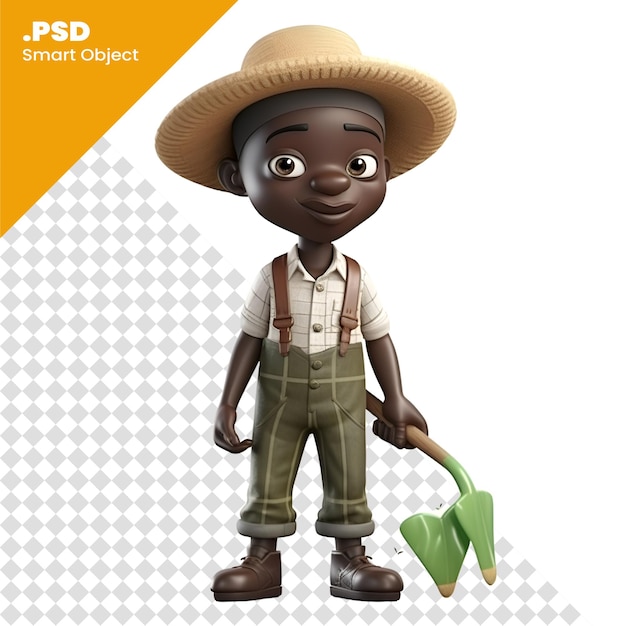 Renderizado en 3d de un niño africano con una pala aislado en una plantilla psd de fondo blanco