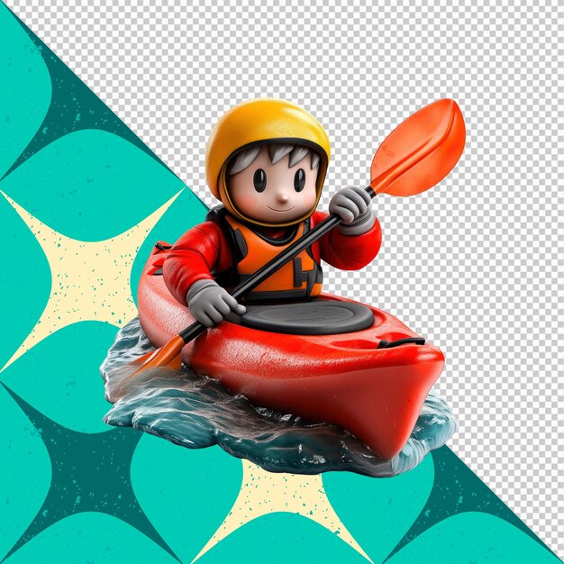 Renderizado en 3D de un niño de dibujos animados en kayak en el agua