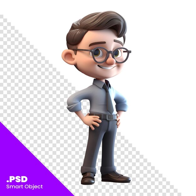 PSD renderizado en 3d de un niño con gafas y una camisa azul plantilla psd