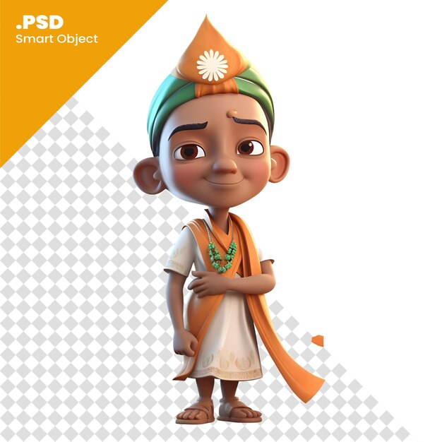 PSD renderizado en 3d de un niño indio con una plantilla de psd de kurta