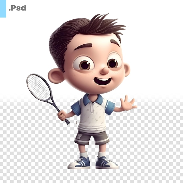 PSD renderizado en 3d de un niño lindo con una plantilla psd de raqueta de tenis